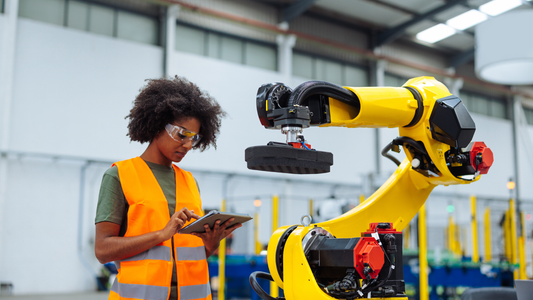 Warehouse robot operated by warehouse staff in high vis vest.