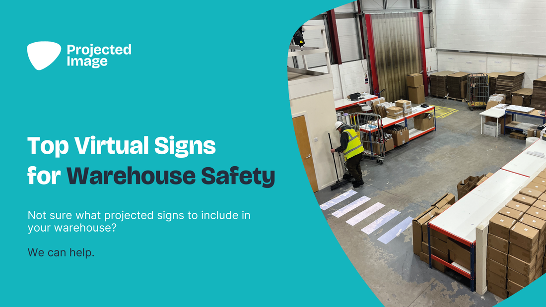 Zebra crossing sign projected on a warehouse floor, text reading 'Top Virtual Signs for Warehouse Safety'