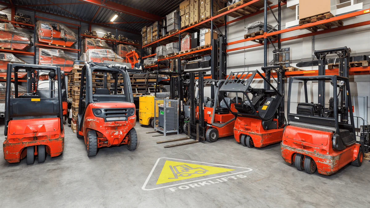 Warehouse with forklift trucks and a projected floor marking for forklift safety.