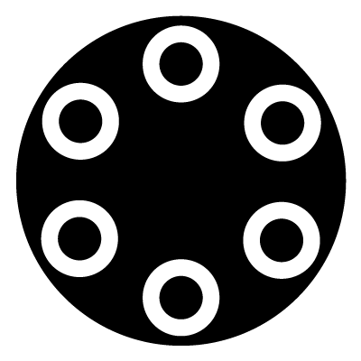 6 white hollow circles in a circular positioning on a black circle gobo.