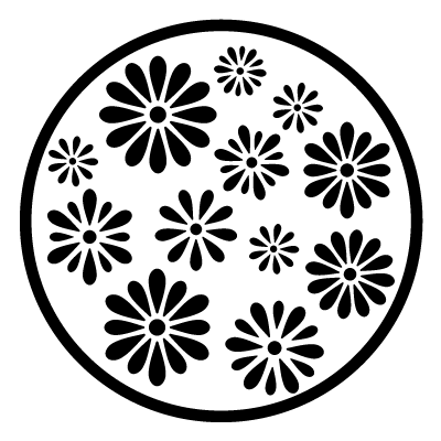 White circle with black silhouettes of daisies on a black circle gobo.