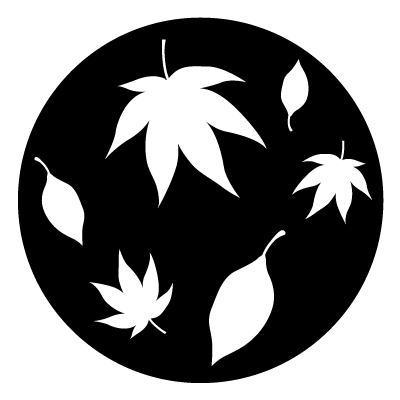 White silhouettes of different shaped leaves on a black circle gobo.