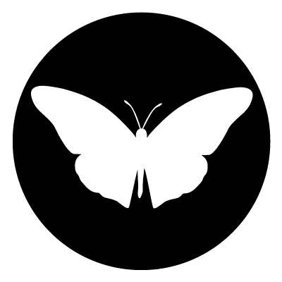 White silhouette of a narrow butterfly on a black circle gobo.