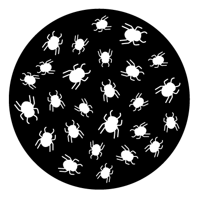 Multiple white beetles on a black circle gobo.