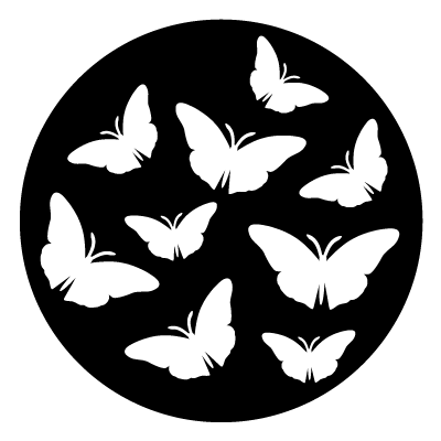 Multiple white silhouettes of narrow wing butterflies on a black circle gobo.