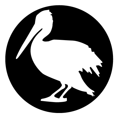 White silhouette of a pelican on a black circle gobo.