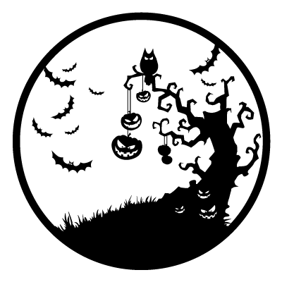 Silhouette of a spooky tree, owl, carved pumpkins and flying bats in front of a full moon on a black circle gobo.