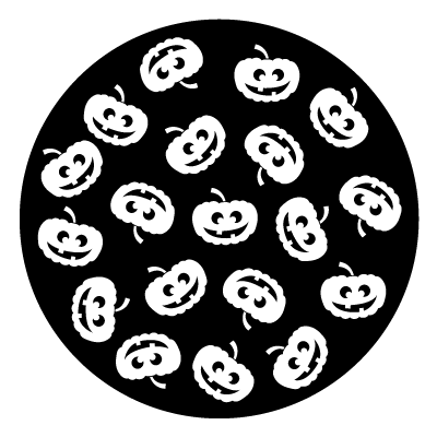 White pumpkin silhouettes scattered on a black circle.