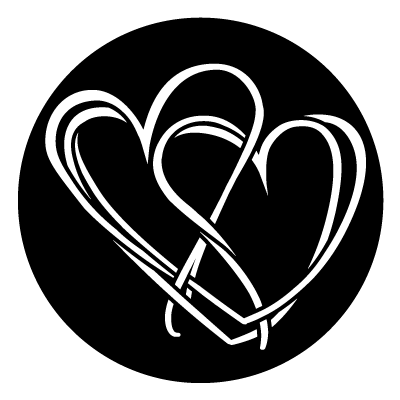 Two white intertwined hearts on a black circle gobo.