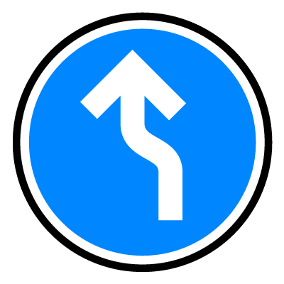 Blue circular 'curve left' safety signage gobo.