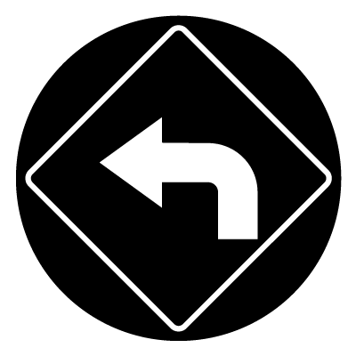 White gobo of a turn left arrow with a white diamond outline.