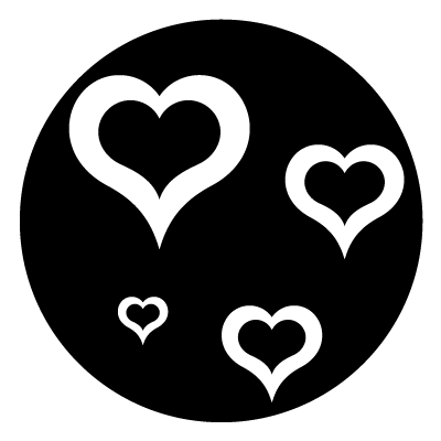 Four white hollow hearts in different sizes on a black circle gobo.