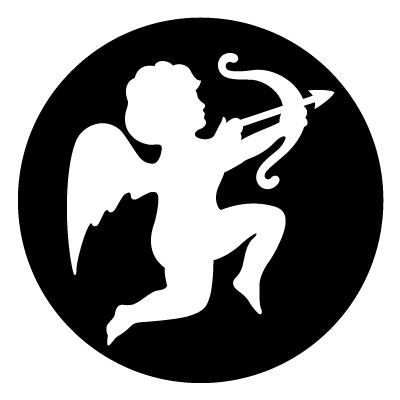 White silhouette of a cupid with bow, arrow and wings on a black circle gobo.