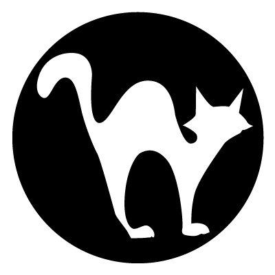 White silhouette of a cat with an arched back on a black circle gobo.