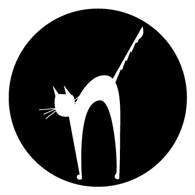 White silhouette of a thin cat with an arched back on a black circle gobo.