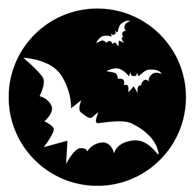 Silhouette of 3 flying bats decreasing in size on a black circle gobo.