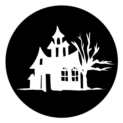 White silhouette of a haunted house on a black circle gobo.