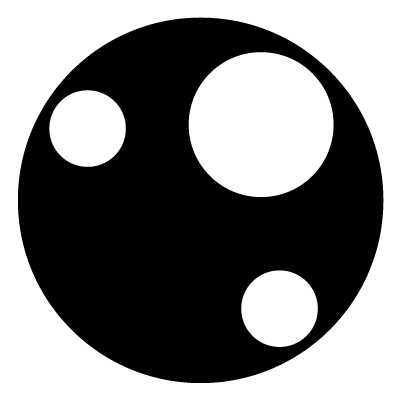 One large white circle and two smaller white circles in a triangle formation on a black circle gobo.