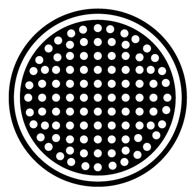 Multiple white circles in a grid formation inside a white outline of a circle on a black circle gobo.