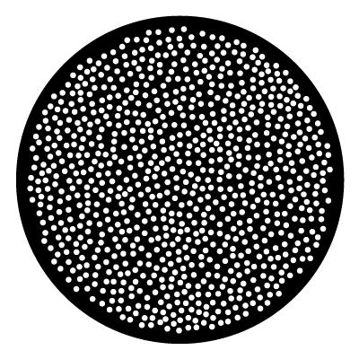 Multiple small white dots in a random scattering on a black circle gobo.