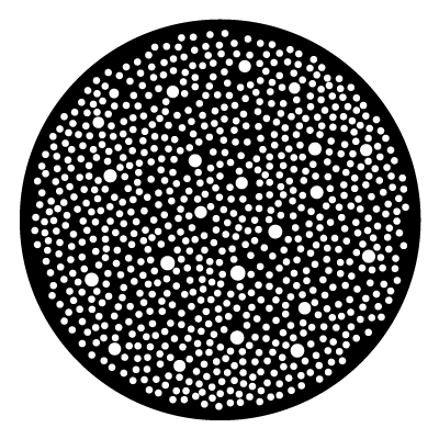 Multiple small white dots in a random scattering with larger random dots between on a black circle gobo.