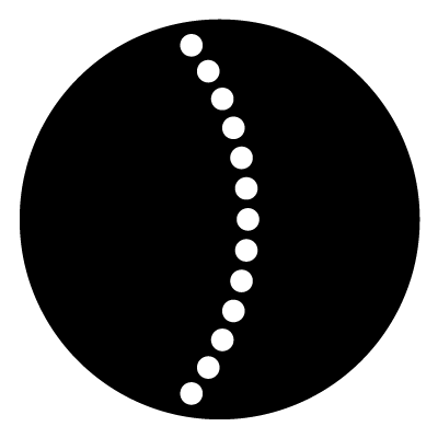 A curved line made up of small white circles on a black circle gobo.