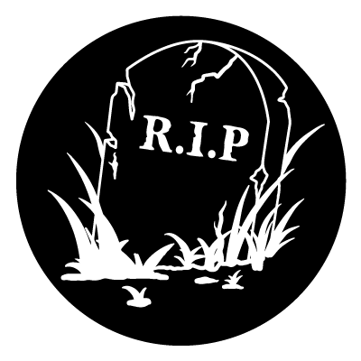 Outline of a gravestone with the text 'R.I.P' with blades of grass on a black circle gobo.