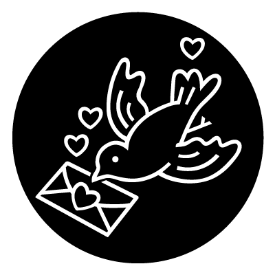 White outline of a bird carrying an envelope sealed with a heart on a black circle gobo.