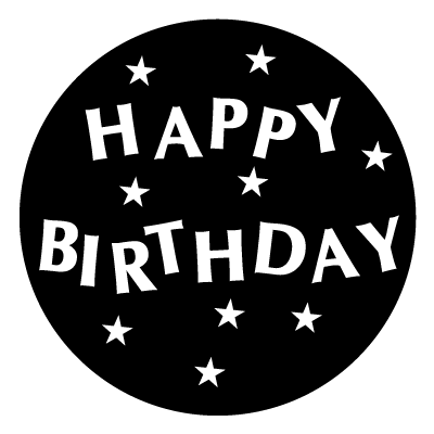 White 'Happy Birthday' text in staggered letters with stars on a black circle gobo.