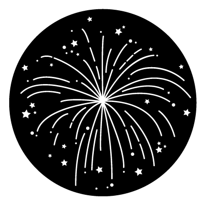 White stylised firework with stars and dots on a black circle gobo.