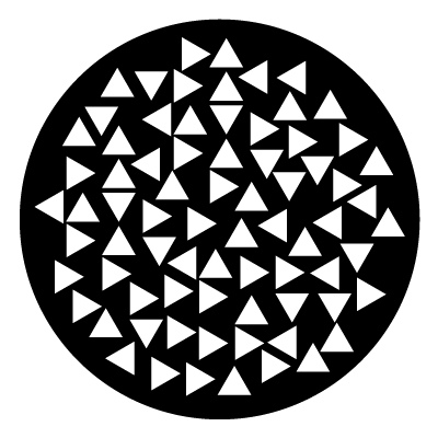 Multiple small white triangles in different orientations on a black circle gobo.