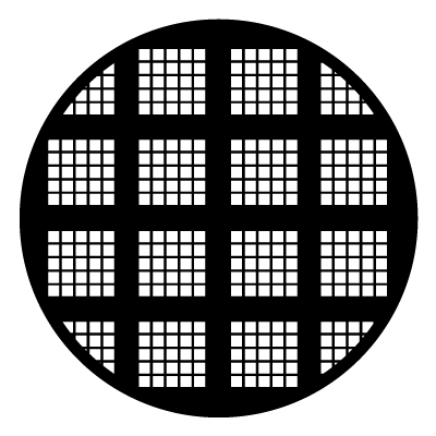 Multiple white 5x5 smaller grids of squares in a 4x4 grid pattern cropped to a circle on a black circle gobo.