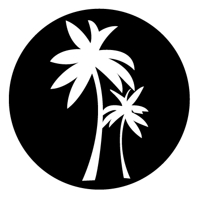 White silhouette of 2 palm trees on a black circle gobo.