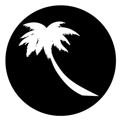 White silhouette of a leaning palm tree on a black circle gobo.