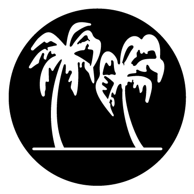 White silhouette of 2 stylised palm trees on a black circle gobo.