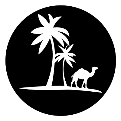 White silhouette of 2 palm trees and a camel on a black circle gobo.