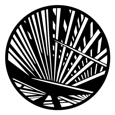 White silhouette of overlaying palm tree leaves on a black circle gobo.