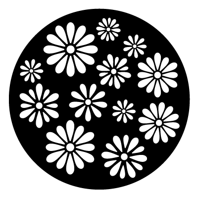 White silhouettes of multiple different sized daisy flowers on a black circle gobo.