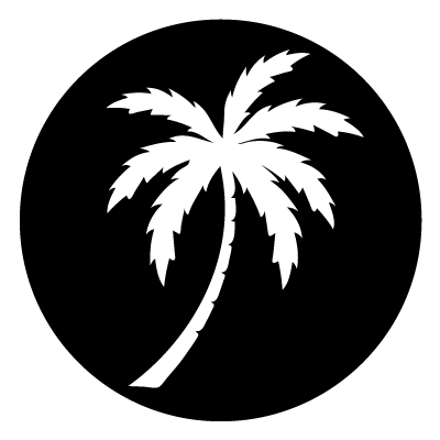 White silhouette of a palm tree on a black circle gobo.