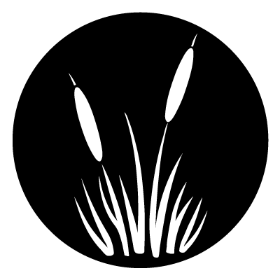 White silhouette of reeds in long grass on a black circle gobo.